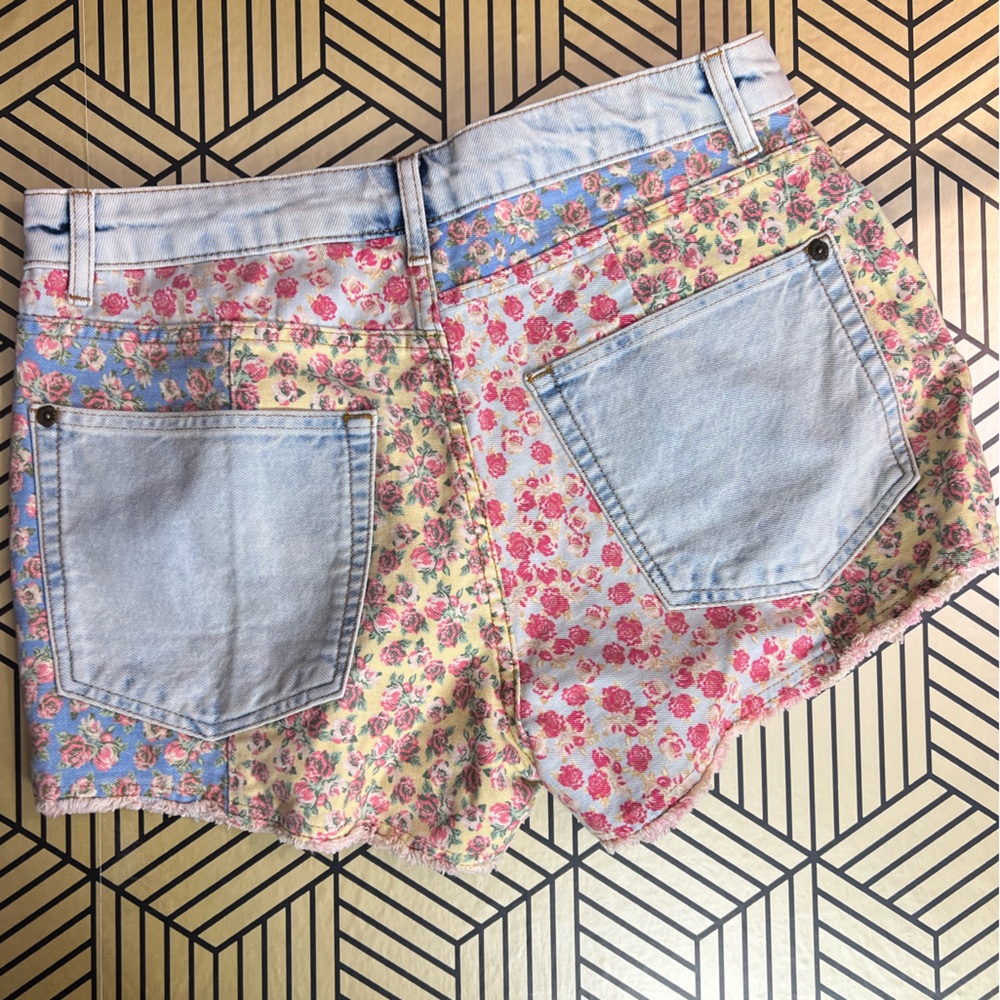 Farm Rio for Anthropologie Floral Print Patchwork Denim Shorts